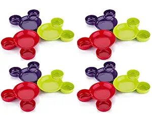 mantra Unbreakable Mickey Shaped Kids/Snack Serving Plate (Assorted Colors) (Pack of 12 pcs palte,12 pcs Spoon and 12 pcs-Fork and 4pcs Glass)