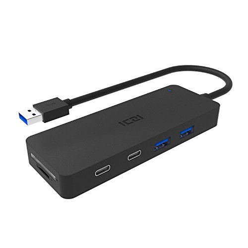 ICZI USB 3.0 HUB, mit 4x USB 3.0 port, 2x USB C port und 2x kartenleser, vernickelt Steckers und Buchsen, mehr dünn, Schwarz