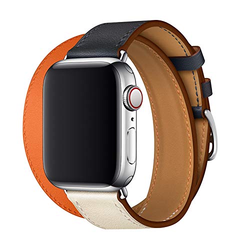 XCool Apple Watch ストラップ 42mm 44mm、オレンジ ブルー ダブルツアー レザー メンズ レディース iwatch シリーズ 4 シリーズ 3 シリーズ 2 シリーズ 1