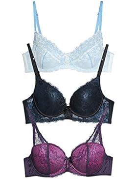 3er Pack Push-up BH Büstenhalter mit Bügel Bügel-BH Glatt Gepolstert braboo Schalen Spitze Hellblau Dunkelblau...