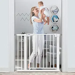 RONBEI Baby Gate for Stairs and Doorways, 35'-37.8'/ 29.53'- 32.28' Auto Close Indoor Safety Gates for Kids/Dogs, Easy Walk Thru Metal Child Gate with 5.5' Extension,4 Mounting Kit