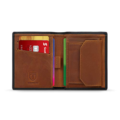 Wallets Mens Slim RFID Blocking Crazy Horse Genuine Leather with a Pull Tab & Coin Pocket & Credit Card Slots & Inner Paper Money Purse, TEEHON Bi-fold Minimalist Wallet for Gents Men - Black & Brown