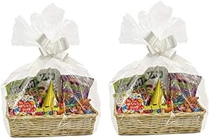 H-line 2 x Make Your Own Hamper Kits - 2 x Large Rectangle Wicker Baskets Cellophane Wood Shred Bow Set (Natural) - Ideal for Christmas/Easter/Newborn Gift Hamper