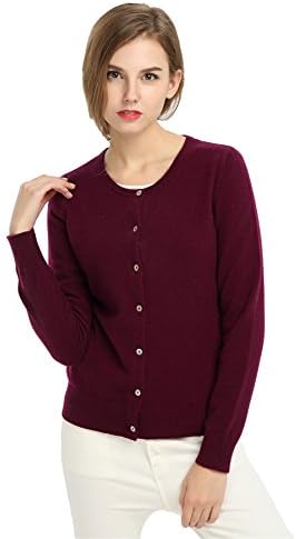Miuk Women's Basic Slim Round Neck Long Sleeve 100% Cashmere Cardigan Sweater Purple L