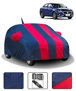 Spaiko Car Body Cover for Maruti Dzire 2018-21 with Mirror and Antenna Pockets (Full Sized, Full Bottom Elastic, Red & Blue Stripe Design)