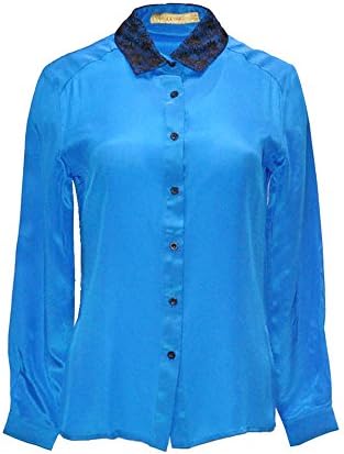Carrie shirt, 100% silk, classic collar contrasting silk lace, black mother of pearl buttons, plain turquoise blue; size 42
