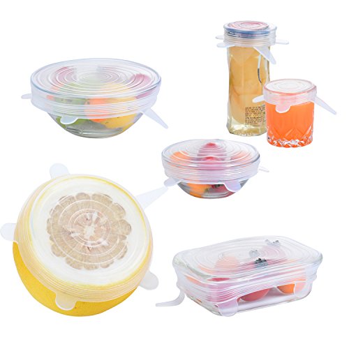 MUZIYU Silikon Frischhalte-Deckel, dehn- & wiederverwendbar, Frischhalte- & Alufolie ersetzen, Öko-freundlich, 6 verschiedene Deckel für unterschiedliche Formen und Größen von Behältern