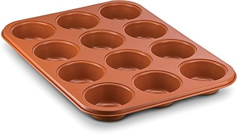 Ceramic Coated Copper Muffin Pan 12 Cup - Premium Nonstick, Even Baking, Dishwasher and Oven Safe - PTFE/PFOA Free -Red Cookware and Bakeware