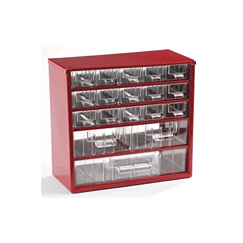 Certeo Schubladenmagazin aus Stahl | HxBxT - 282 x 306 x 155 mm | 18 transparente Schubladen - 3 Größen| Gehäuse lichtgrau| Kleinteilemagazin Klarsichtmagazin