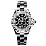 DLT Frauen schwarz Keramik Link Armband Quarz-Armbanduhr Kristall Armreif, Luxus Frauen Uhren, Umschlagverschluss, Freund Geschenk (Farbe : A, größe : M)