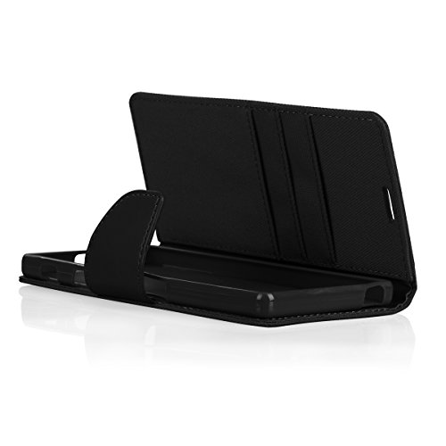 EGO® Bookstyle Handy Tasche mit praktischer Aufstellfuntkion für Sony Xperia Z5 Schwarz Flip Case Magnetverschluss Book Cover mit Kartenfach Wallet Stand Schutz Hülle Canvas - 3