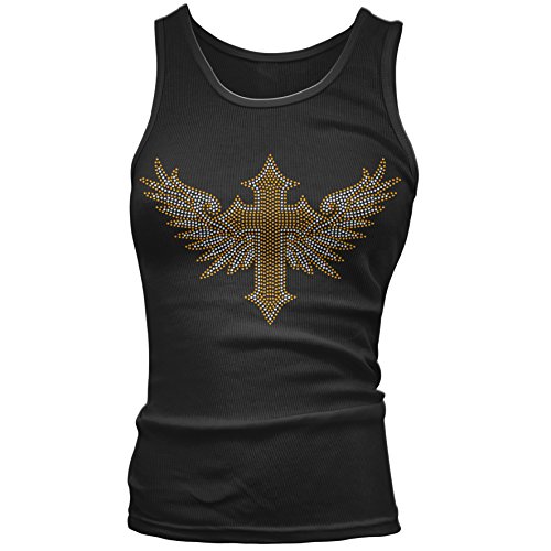 WOMENS VEST THE GOLD CROSS RHINESTONE DIAMANTE CRYSTAL TANK TOP~LADIE SIZE 10-16[Black,Womens Size 12]