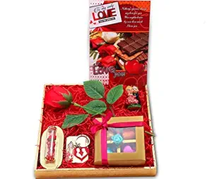 Valentines Day Gift for Girlfriend/boy Friend/Valentines Day Gift Hamper/Valentine Gift-Cute Chocolate Box+Artificial Rose+Small Couple Statue+Love Message Bottle+Key Chain+Valentines Card