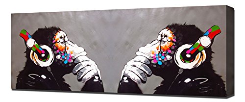 Compatible With - Lilarama Banksy Thinking DJ Facing Monkeys with Headphones Framed Canvas Art Print Reproduction