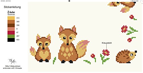 Zauberhafte Stickpackung “ TIERE DES WALDES “ mit niedlichen Füchsen und Igeln – Stickdecke 80 cm x 80 cm – Kreuzstich vorgezeichnet – Stickgarn aus 100 % Baumwolle – fertig gesäumt mit eingewebtem Zierrand – qualitativ hochwertig – zum Sofort-Loslegen – Mitteldecke 80 cm x 80 cm – zum Selbersticken – aus dem KAMACA-SHOP - 2