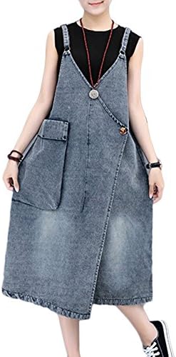 Women Denim Dungarees Dress Pinafore Suspender Skirt Wrap Jean Dress Loose Fit Overall Dress