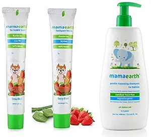 Mamaearth 100 Percent Natural Berry Blast Kids Toothpaste, 50g & Gentle Cleansing Natural Baby Shampoo, 400ml (White) Combo