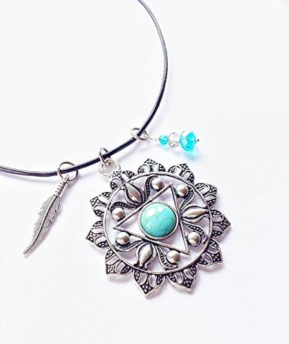 Antique Silver Tone Chakra Necklace, Blue Turquoise Gemstone bead, Leather Cord pendant, Feather Charm