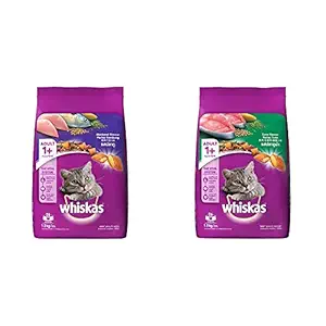 Whiskas Adult (+1 Year) Dry Cat Food, Mackerel Flavour, 1.2kg Pack & Adult (+1 Year) Dry Cat Food, Tuna Flavour, 1.2kg Pack