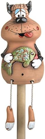 Ceramics World, garden decoration, cat with dangling feet and fish on a stick, multi-coloured