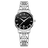 Damenuhr Edelstahl Armbanduhr Analog, datieren römische Ziffern Art und Weise geschmackvoll Uhr schwarzes Zifferblatt