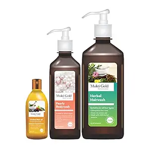 Mukti Gold Combo | Herbal Hairwash 500 ml+Pearly Bodywash 250 ml + Herbal Oil 100 ml | Useful for all skin and hair type | WHO GLP GMP ISO Certified Product