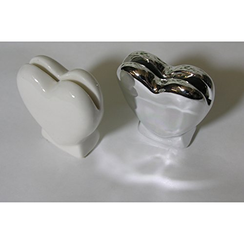 6 Tisch Kartenhalter Herz aus Keramik weiss oder silber Hochzeit Brautpaar Deko Weiss - 3