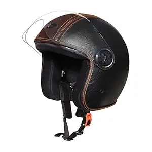 O2 Star Leather Unisex Open Face Helmet with Scratch-Resistant Transparent Visor & Adjustable Strap for Bike Scooty Ride (Brown, M) (O2STAR-B-WV)