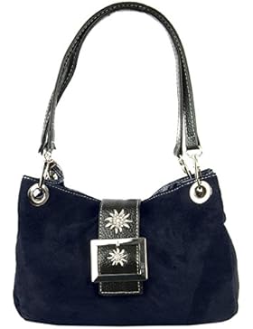 Trachtentasche Dirndltasche Wildleder Veloursleder mit Metallspange mit Edelweiss dunkelblau