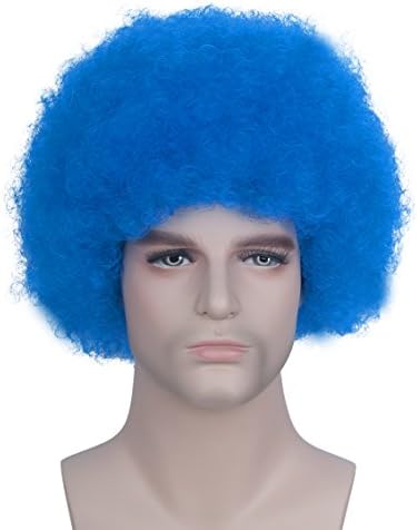 Unisex Short Afro Curly Wigs for Football Soccer Rugby Fans Fancy Dress and Clown Party Blue