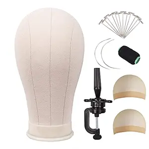 MapofBeauty 22 Inch Canvas Block Head Wig Head With Stand for Making Wig Head Display Styling (Beige)
