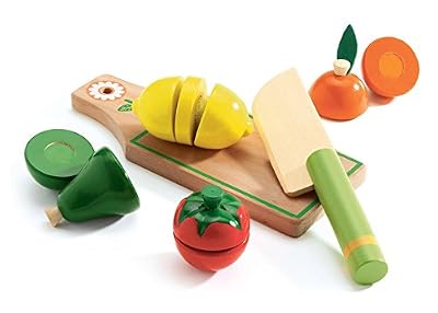 Djeco DJ06526 Planche à découper en Bois avec Couteau, Fruits et légumes Multicolore