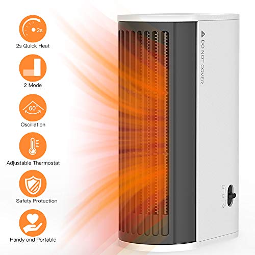 Uvistare Calefactor Pequeño Eléctrico de Aire Personal, DH-QN06 Calentador de Cerámica Portátile 500 W, 2 Modos con Oscilación de 60 °, Protección Contra Sobrecalentamiento para Hogar / Oficina