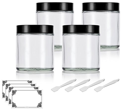 JUVITUSClear Thick Glass Straight Sided Jar with Black Smooth lids 4 oz / 120 ml (4 pack)