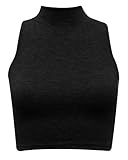Womens Sleeveless Cropped Top Ladies Polo Neck Crop Dance Stretch Top (S/M (UK 8/10), Black)