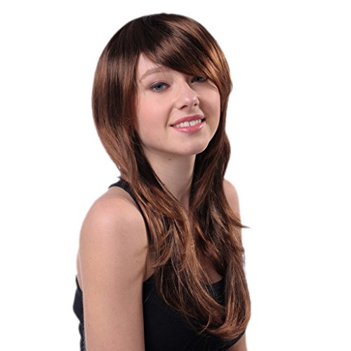 Bigood 56cm Inclined bang natural elegant temperament long straight Brown wigs