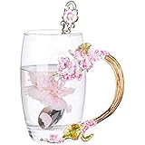 YBK Tech Creative Flower Glass Mug in Gift Box Crystal Glass Tea Cup with Handle for Hot Beverage, Iced Tea, for Sister, Mom,