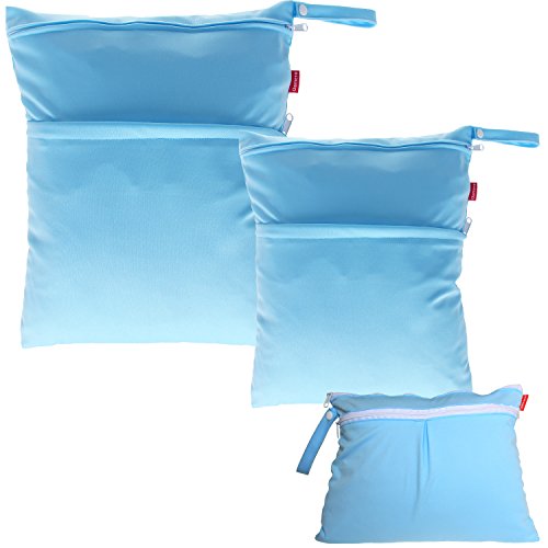 Damero 3pcs Pack Wet Dry Bag for Cloth Diapers Nappy Bag Daycare Organiser Bag, Light Blue