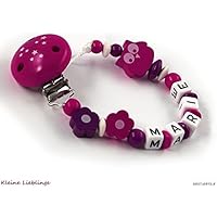Schnullerkette mit Namen für Mädchen 2 - 9 Buchstaben Eule Blumen - Sternenclip dunkelpink, beere, weiß tolles Geschenk zur Taufe Geburt fürs Baby