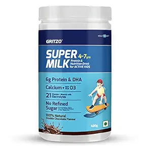 Gritzo SuperMilk for Active Kids (4-7y), Health Drink & Kids Nutrition, High Protein (6 g), DHA, Calcium + D3, 21 Nutrients, No Refined Sugar, 100% Natural Double Chocolate Flavour, 400 g.