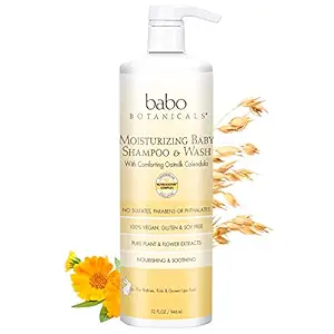 Babo Botanicals Moisturizing Baby 2-in-1 Shampoo & Wash with Oatmilk and Organic Calendula, Hypoallergenic, Vegan - 32 oz. (Family size),Yellow