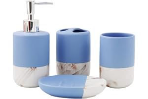 Bargain Shack Durable 4pcs Marble Bathroom Set, Vanity Countertop organizer, Contemporary Accessories set, Tooth Brush Holder, Soap Dispenser, Soap Dish & Tumbler. (Blue)