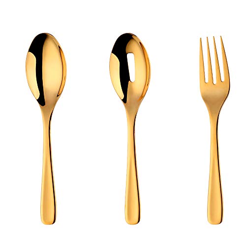 Bisda Set di 3 Oro Posate da insalata acciaio inox cucchiaio insalata lungo e forchette insalata e cucchiaio scanalato, server di pasta manico lungo da 10,24 pollici(260mm) per Frutta insalata dessert