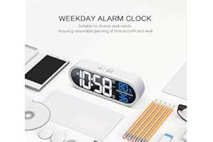 HOMVILLA Reloj Despertador Digital, LED Pantalla Reloj Alarma Inteligente Electrónicos con Temperatura/Humedad, 2 Alarma, Snooze, Modo Fin de Semana, Despertado, Sonido y Brillos Regulable, Blanco