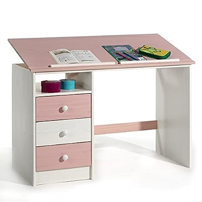 IDIMEX Bureau enfant KEVIN 3 tiroirs 1 casier plateau inclinable pin massif lasuré blanc rose
