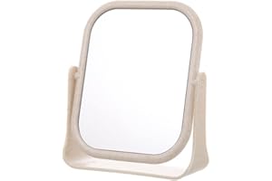 DVHOK Schreibtisch Make up Spiegel, 360° Drehbar Doppelseitig Tischspiegel für Bad, Schlafzimmer, Büro, 19 X 16 cm Quadratisch Stehspiegel, Beige