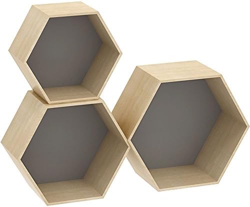 BHP Set of 3 wall shelves living dining room hexagon wood hanging honeycomb storage natural gray B991464