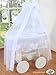 DELUXE HEART COLLECTION - LARGE WHEELED WHITE WICKER CRIB / MOSES BASKET / BASSINET / BABY COT WITH DRAPE / CANOPY NET - SOLID WOOD WHITE BASE + QUALITY WHITE BEDDING SET + QUALITY MATTRESS + CANOPY NET HOLDER