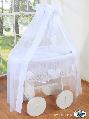 DELUXE HEART COLLECTION - LARGE WHEELED WHITE WICKER CRIB / MOSES BASKET / BASSINET / BABY COT WITH DRAPE / CANOPY NET - SOLID WOOD WHITE BASE + QUALITY WHITE BEDDING SET + QUALITY MATTRESS + CANOPY NET HOLDER