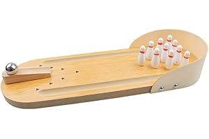 Invero® Mini Wooden Desktop Tabletop Ten Pin Bowling Game Set Includes a Metal Bowling Ball, 10 Pins, Launching Chute, Side Gutters, Backboard and a Scorecard